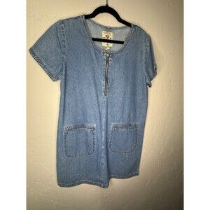 Vtg Studio25  Denim Dress sz L Blue Buttons Short Slvs Pockets Cottagecore